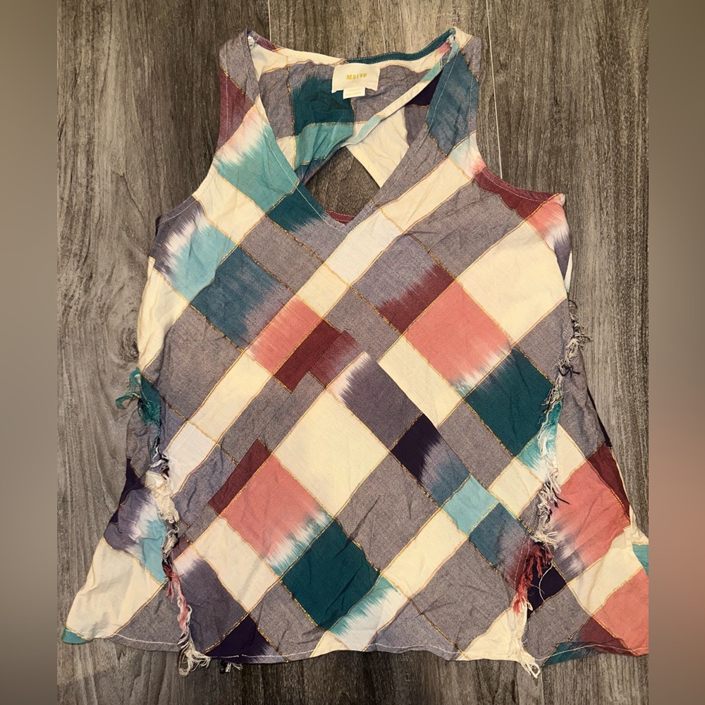 Anthropologie Maeve Women's Metallic Plaid V Neck A-Line Tank Top Size Small